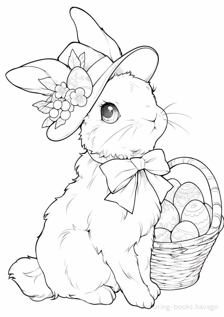 おしゃれな帽子をかぶったイースターバニーの塗り絵です。 | ハバゴ