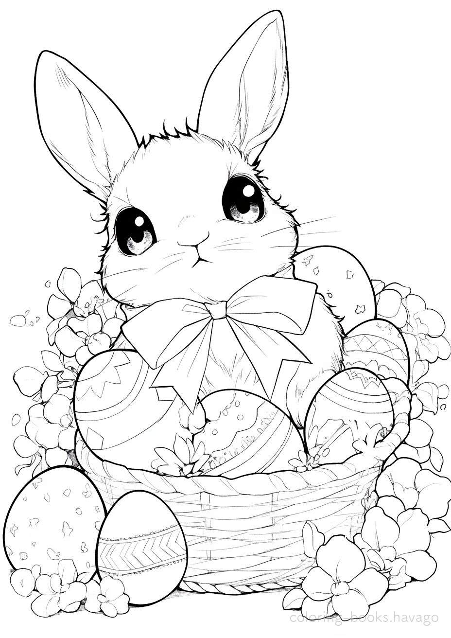 イースターエッグとカゴに入るうさぎの塗り絵です。 | ハバゴ