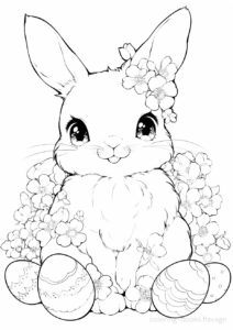 Easter Bunny with Flower Decorations Coloring Page. | havago