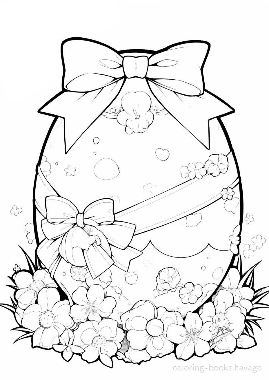 リボンとお花で飾ったイースターエッグの塗り絵。 | ハバゴ