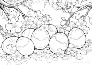 桜の木下のイースターエッグの塗り絵。 | ハバゴ