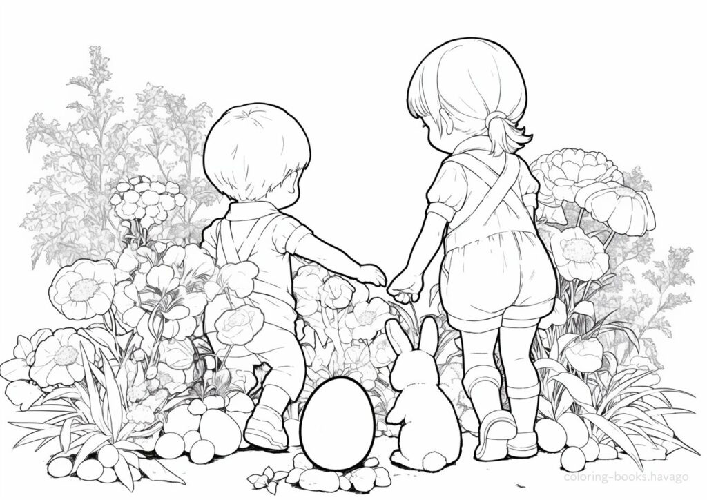 イースターエッグを探す子どもの塗り絵。 | ハバゴ