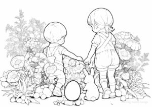 Coloring page of children hunting for Easter eggs. | havago