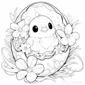 イースターエッグのかわいい巣とヒヨコの塗り絵です。 | ハバゴ