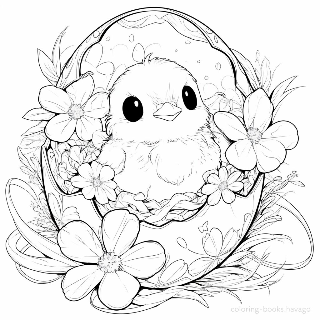 イースターエッグのかわいい巣とヒヨコの塗り絵です。 | ハバゴ