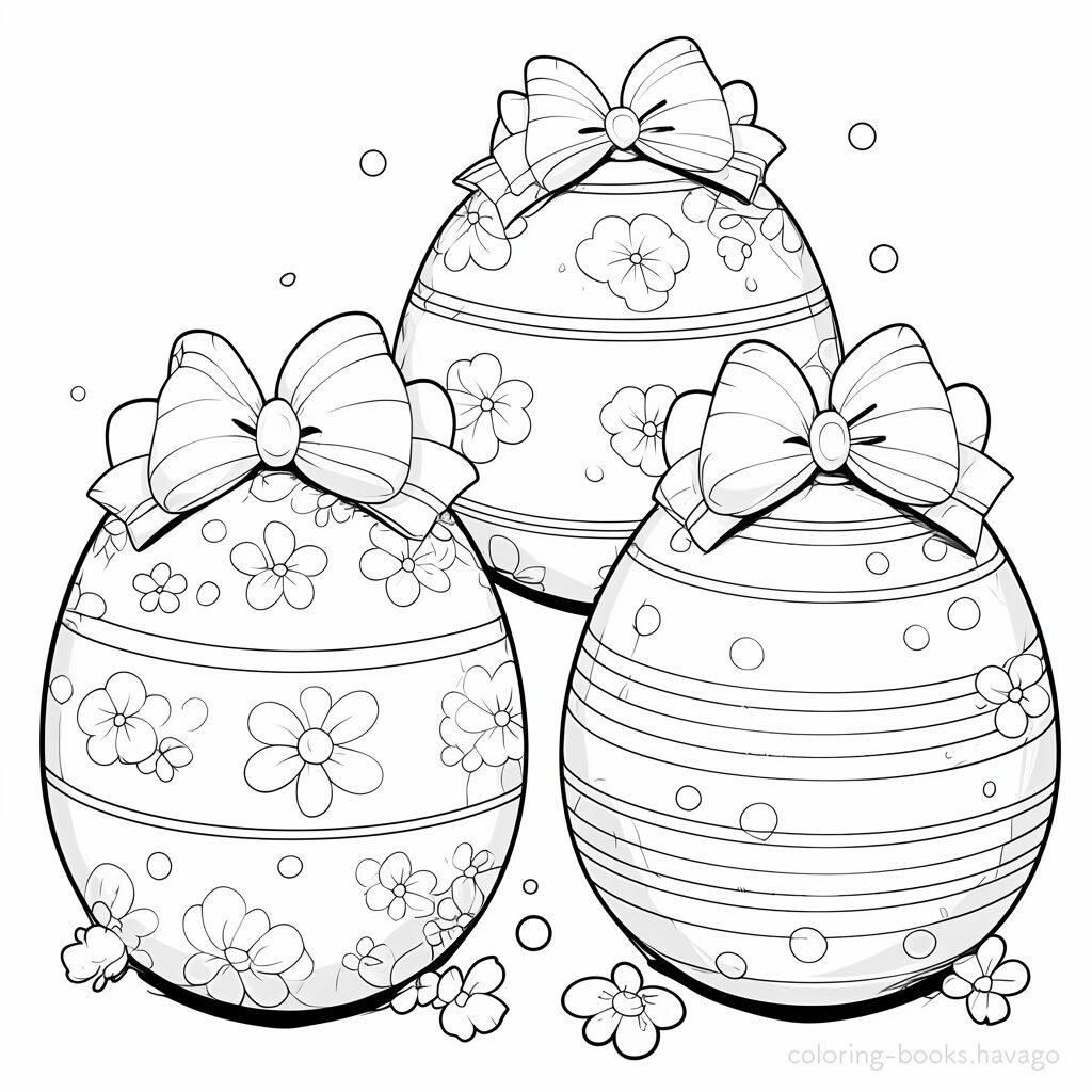 リボンで飾られたイースターエッグの塗り絵。  | ハバゴ