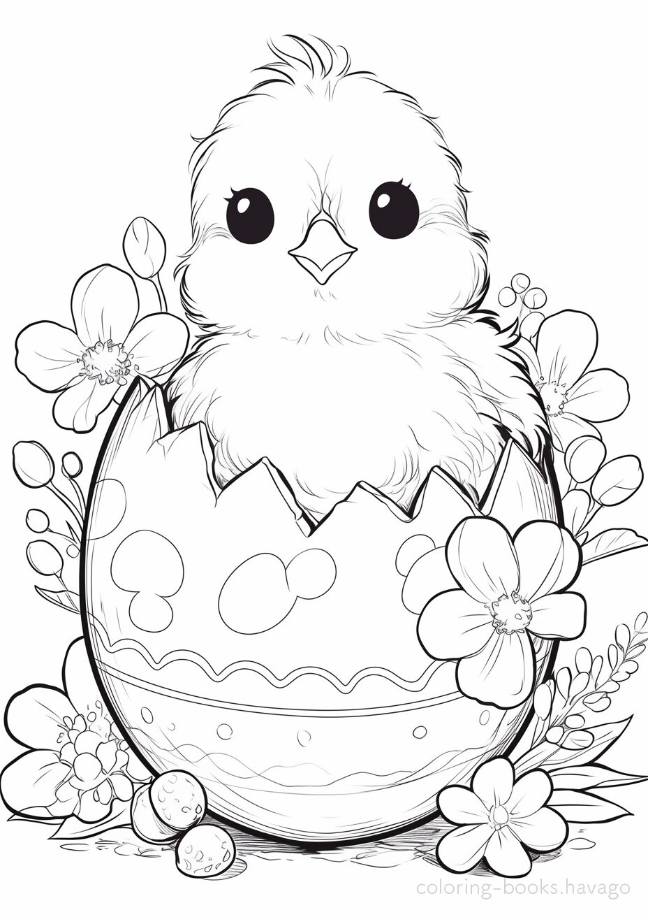 A coloring page of a chick hatching from an Easter egg.  | havago