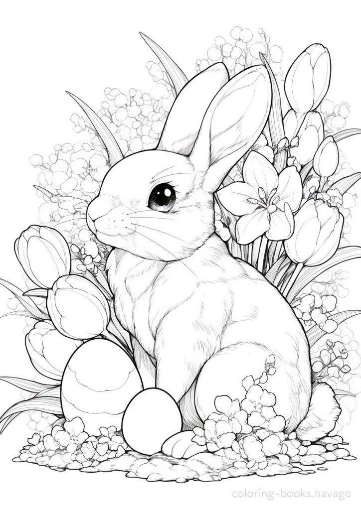 お花の中に隠れるイースターバニーの塗り絵です。 | ハバゴ