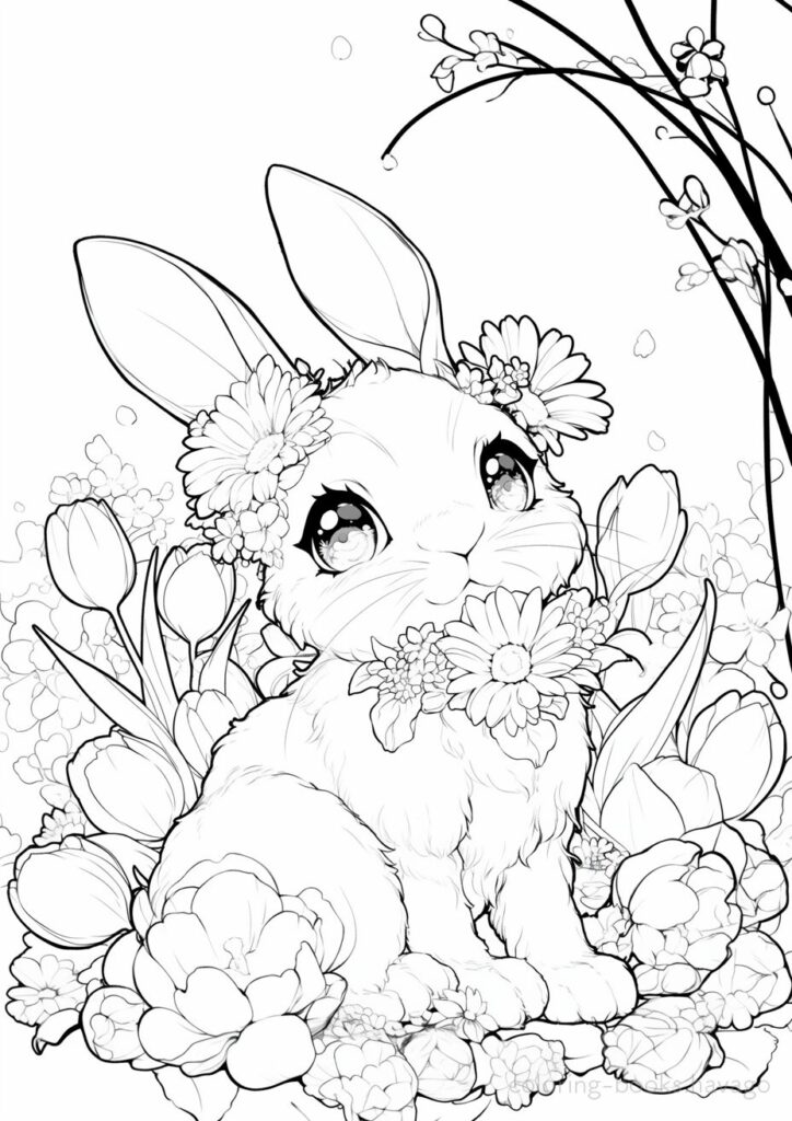 お花に囲まれて春を満喫するうさぎの塗り絵 | ハバゴ