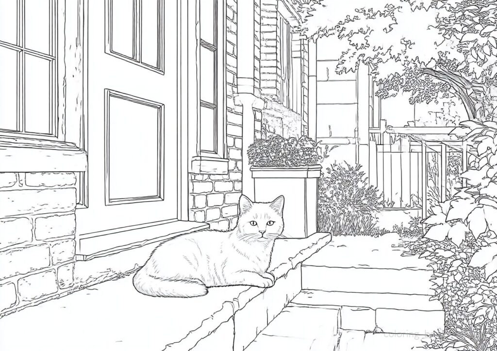 ドアの前で主人の帰りを待つ猫の塗り絵です。 | ハバゴ