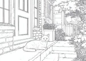 ドアの前で主人の帰りを待つ猫の塗り絵です。 | ハバゴ