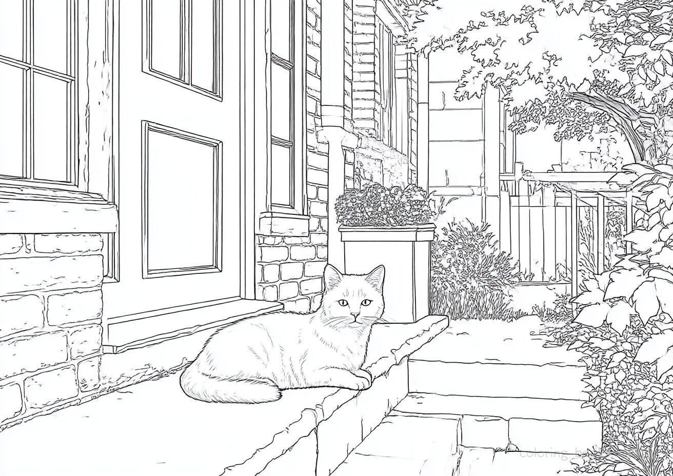 ドアの前で主人の帰りを待つ猫の塗り絵です。 | ハバゴ