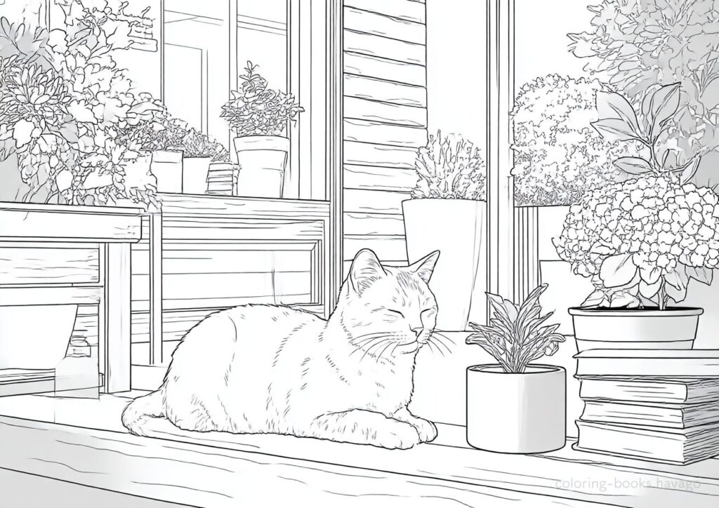 窓辺でうたた寝をする猫の塗り絵です。| ハバゴ