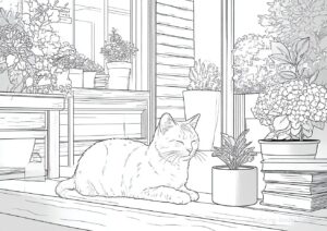 窓辺でうたた寝をする猫の塗り絵です。| ハバゴ