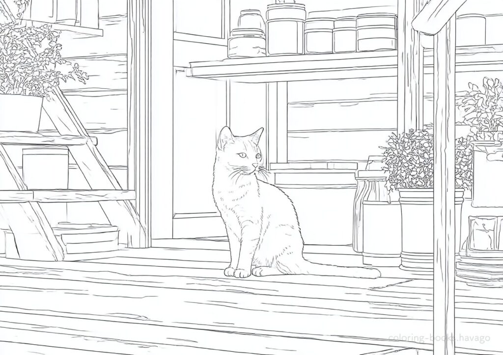 地下室で探検する猫の塗り絵 | ハバゴ