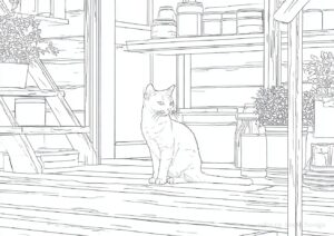 地下室で探検する猫の塗り絵 | ハバゴ