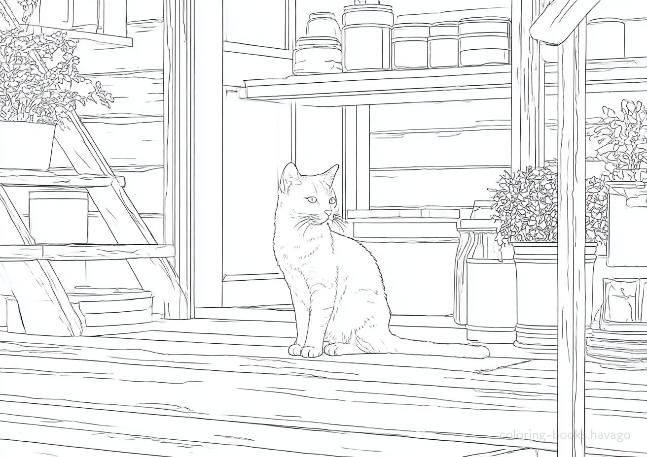 地下室で探検する猫の塗り絵 | ハバゴ