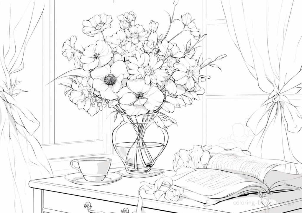 窓辺を彩る花瓶の花の塗り絵です。| ハバゴ