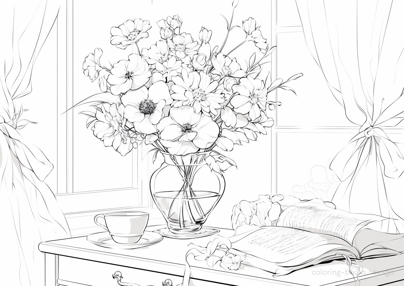 窓辺を彩る花瓶の花の塗り絵です。| ハバゴ