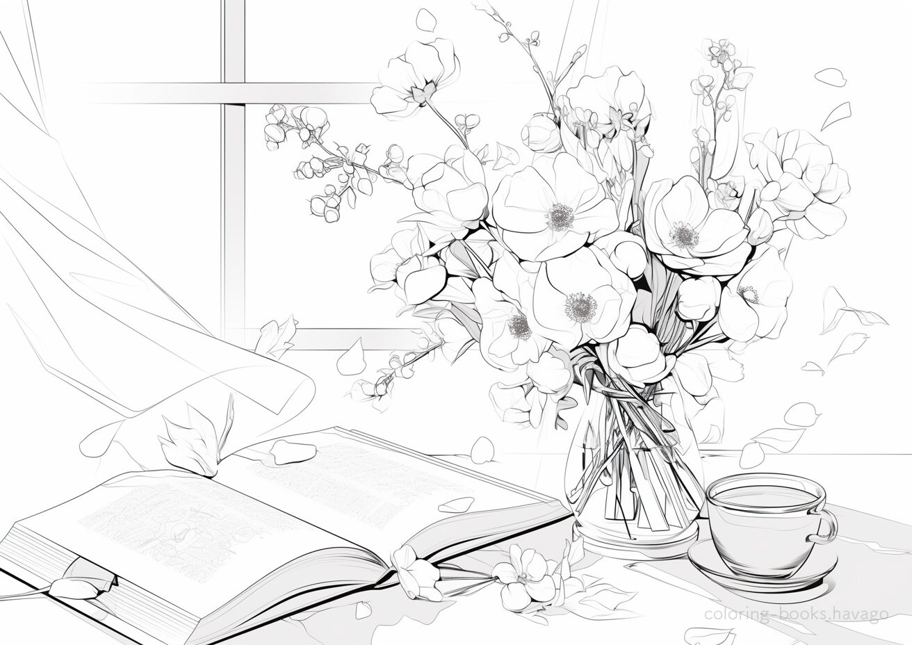春風に揺れる窓辺の花の塗り絵です。| ハバゴ
