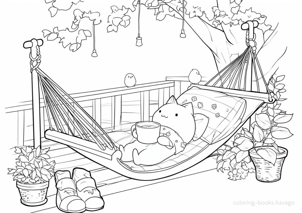 ハンモックでくつろぐ猫の塗り絵です。 | ハバゴ