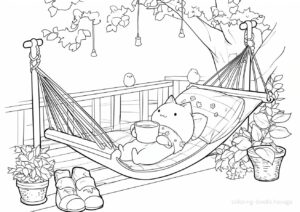 ハンモックでくつろぐ猫の塗り絵です。 | ハバゴ