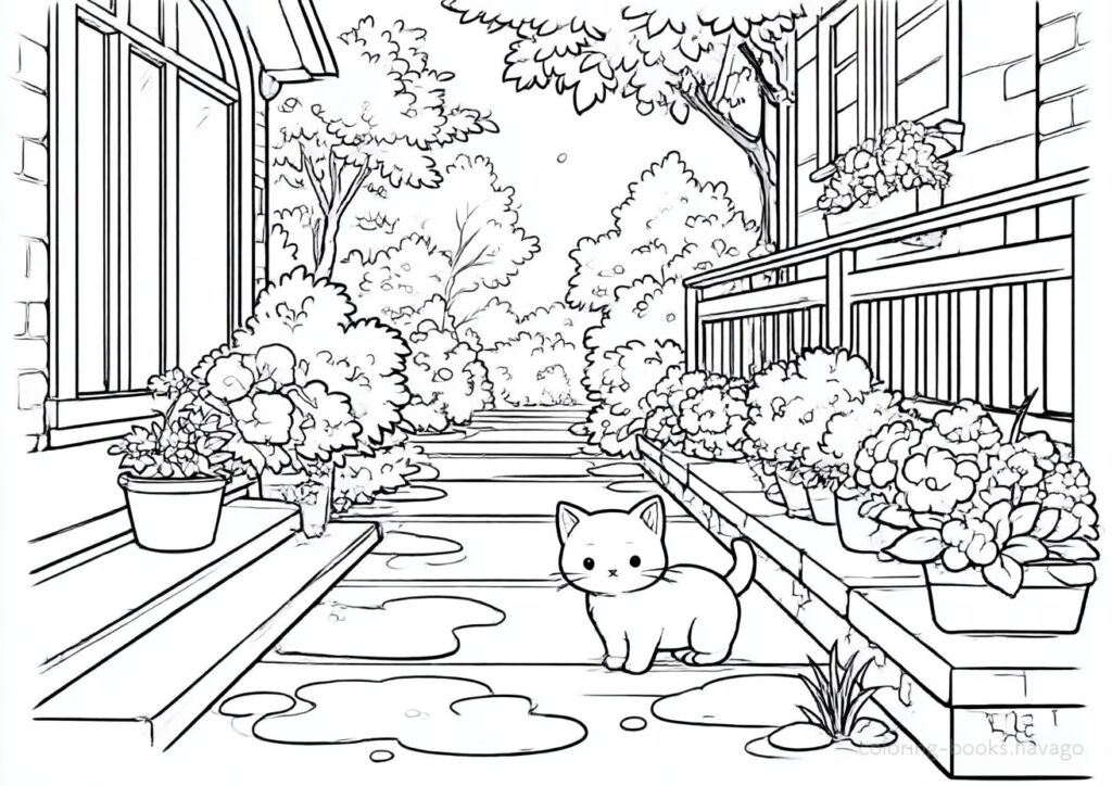 雨上がりの裏路地を散歩する猫の塗り絵です。| ハバゴ
