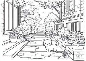 雨上がりの裏路地を散歩する猫の塗り絵です。| ハバゴ