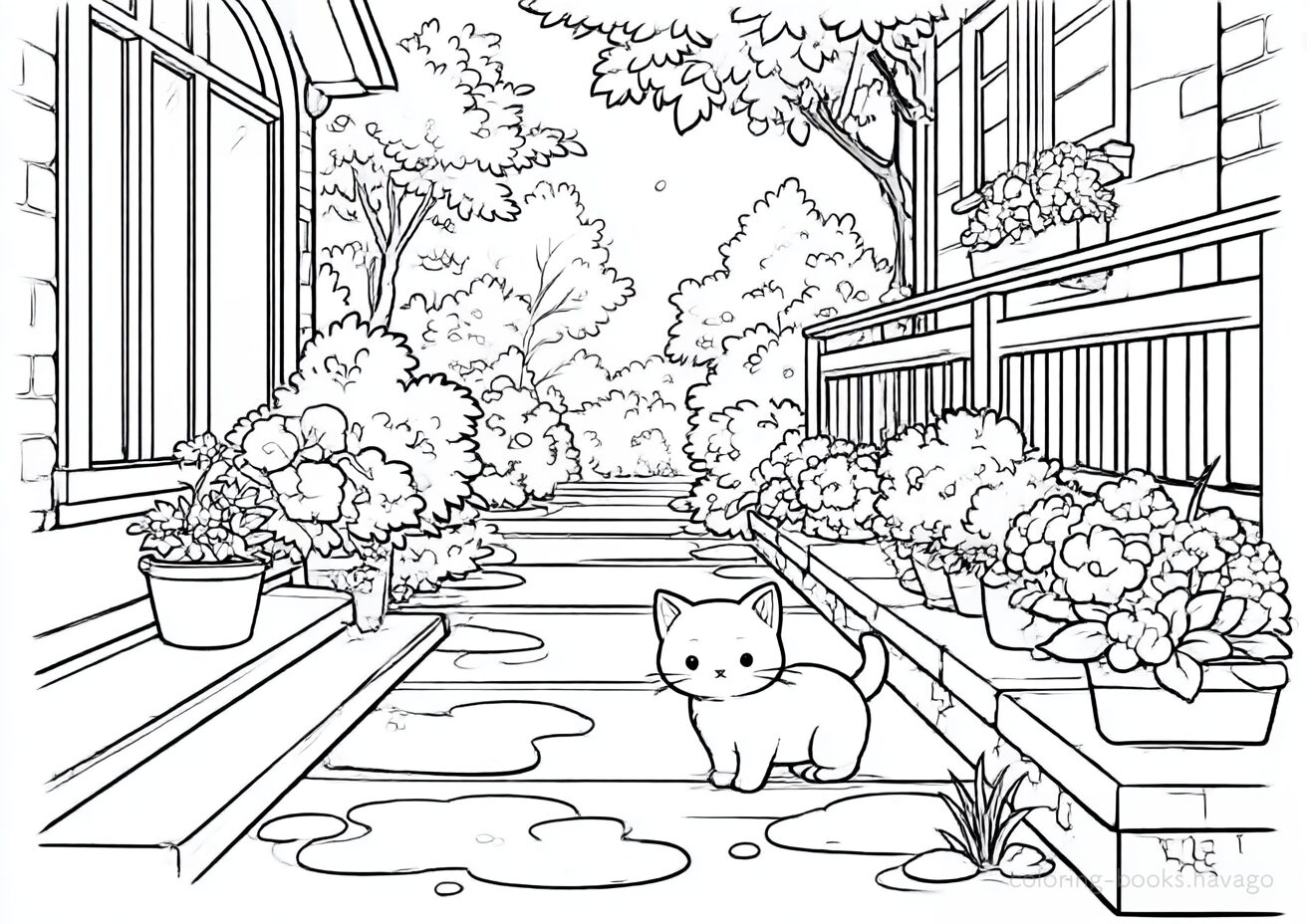 雨上がりの裏路地を散歩する猫の塗り絵です。| ハバゴ
