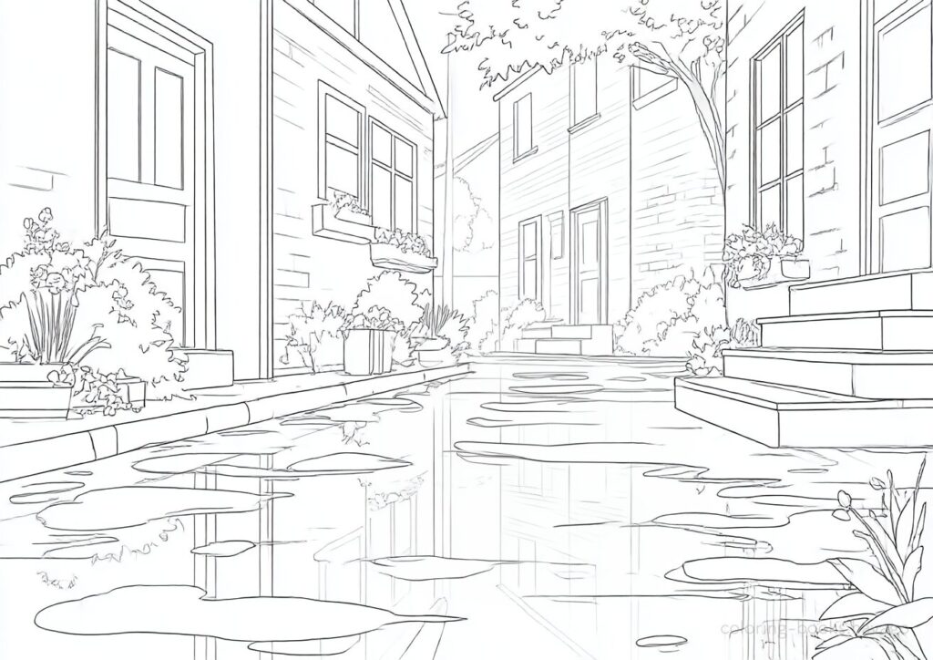 水たまりに映る街並みの塗り絵です。| ハバゴ