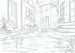 水たまりに映る街並みの塗り絵です。| ハバゴ
