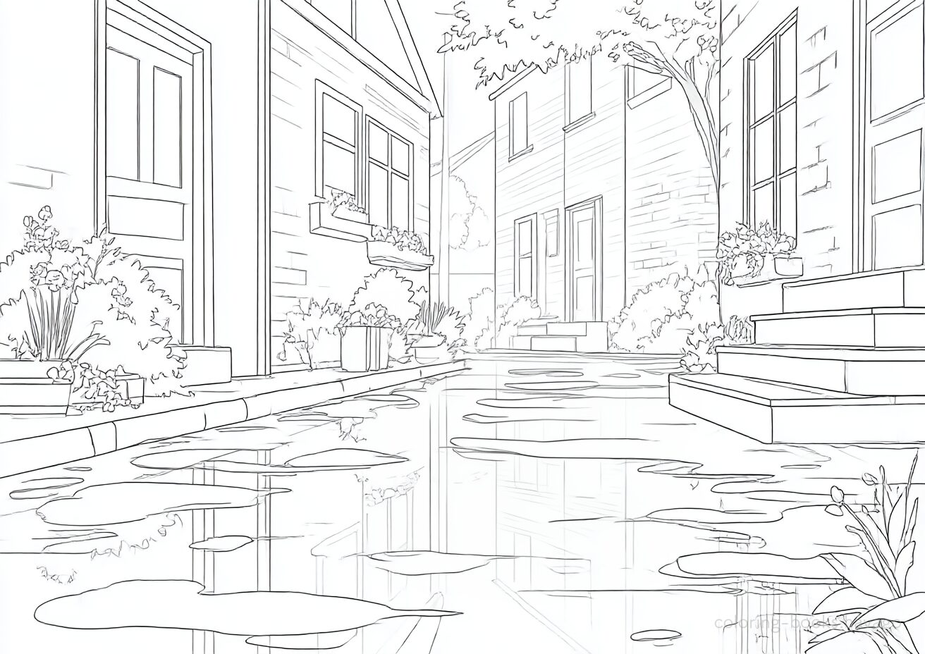 水たまりに映る街並みの塗り絵です。| ハバゴ
