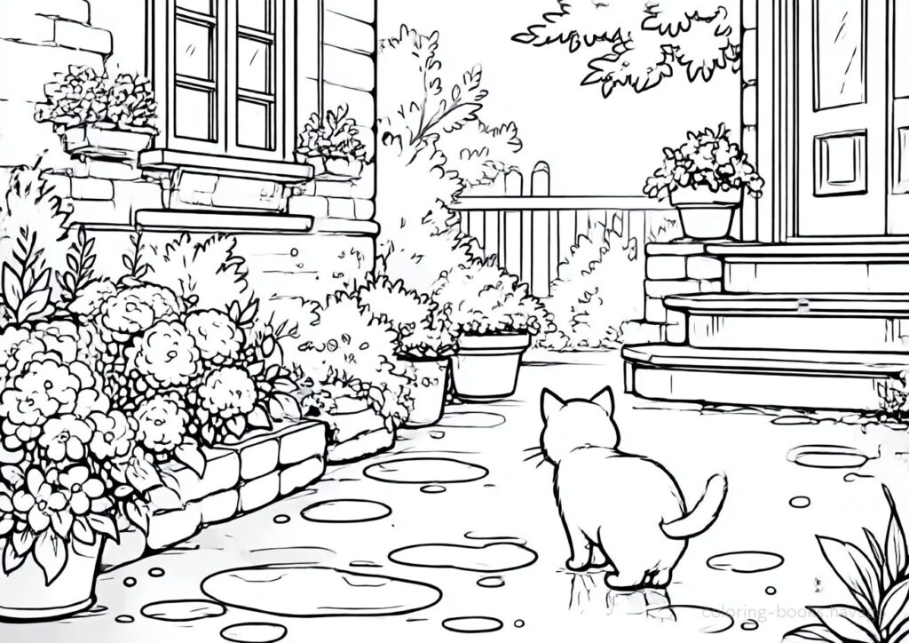 雨上がりの裏庭の塗り絵です。| ハバゴ