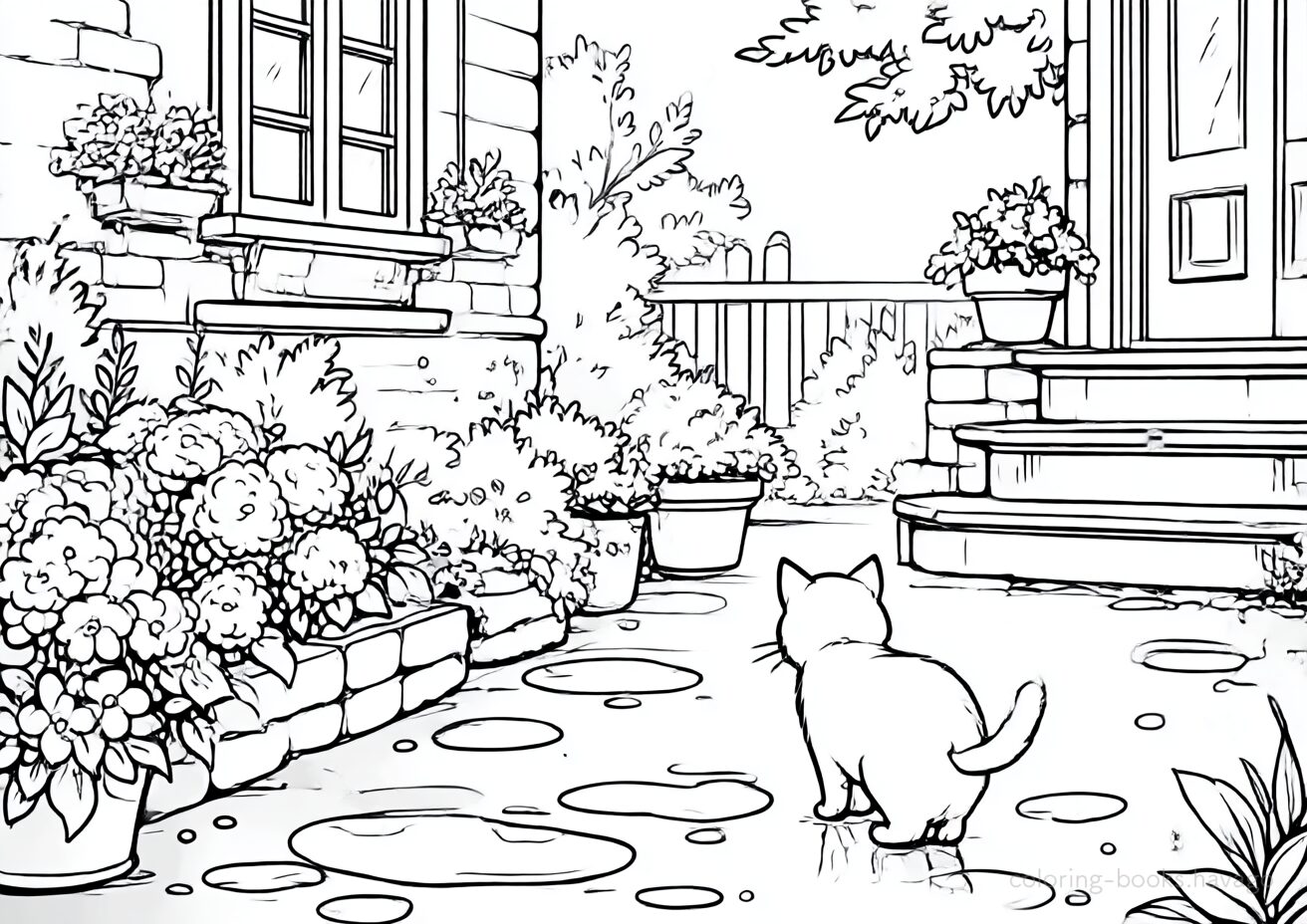 雨上がりの裏庭の塗り絵です。| ハバゴ