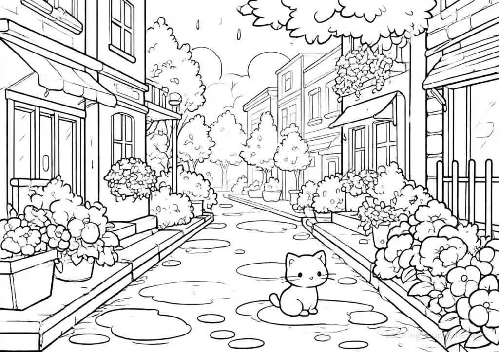 雨上がりの街並みの塗り絵です。| ハバゴ