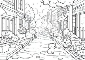 A coloring page of a townscape after the rain. | havago