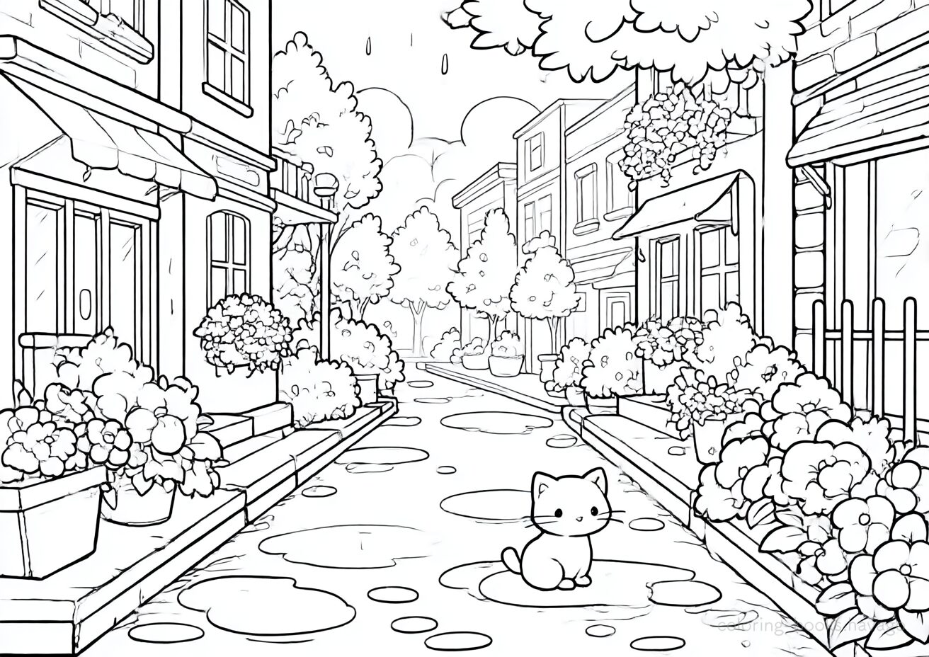 雨上がりの街並みの塗り絵です。| ハバゴ