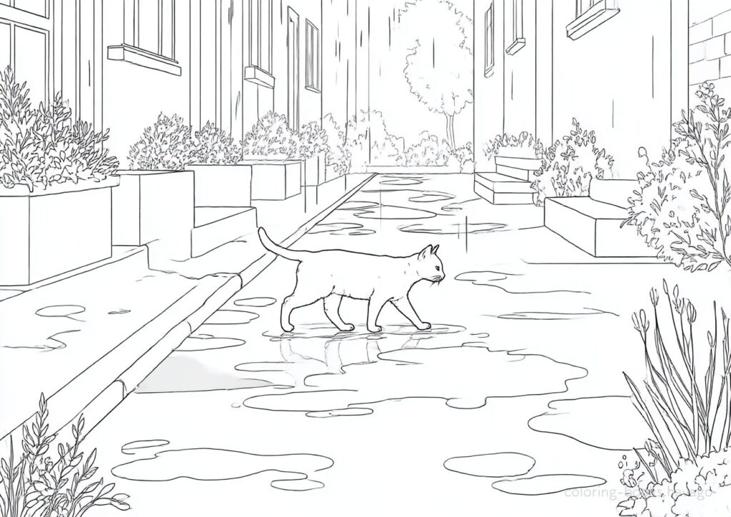 小雨が降る中道を渡る猫の塗り絵です。| ハバゴ