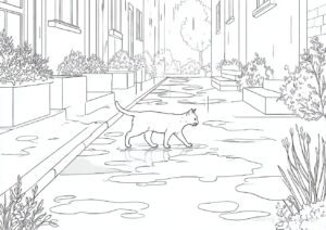 小雨が降る中道を渡る猫の塗り絵です。| ハバゴ