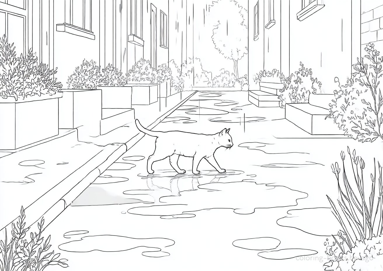 小雨が降る中道を渡る猫の塗り絵です。| ハバゴ