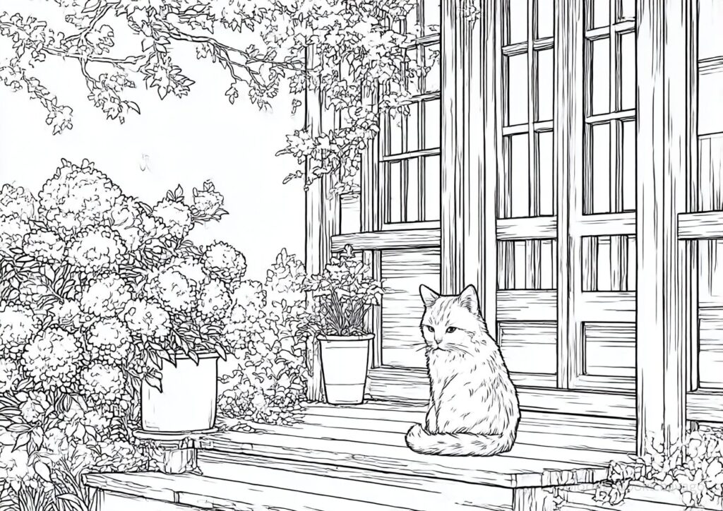 紫陽花の咲く庭の塗り絵 | ハバゴ