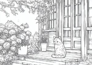 紫陽花の咲く庭の塗り絵 | ハバゴ