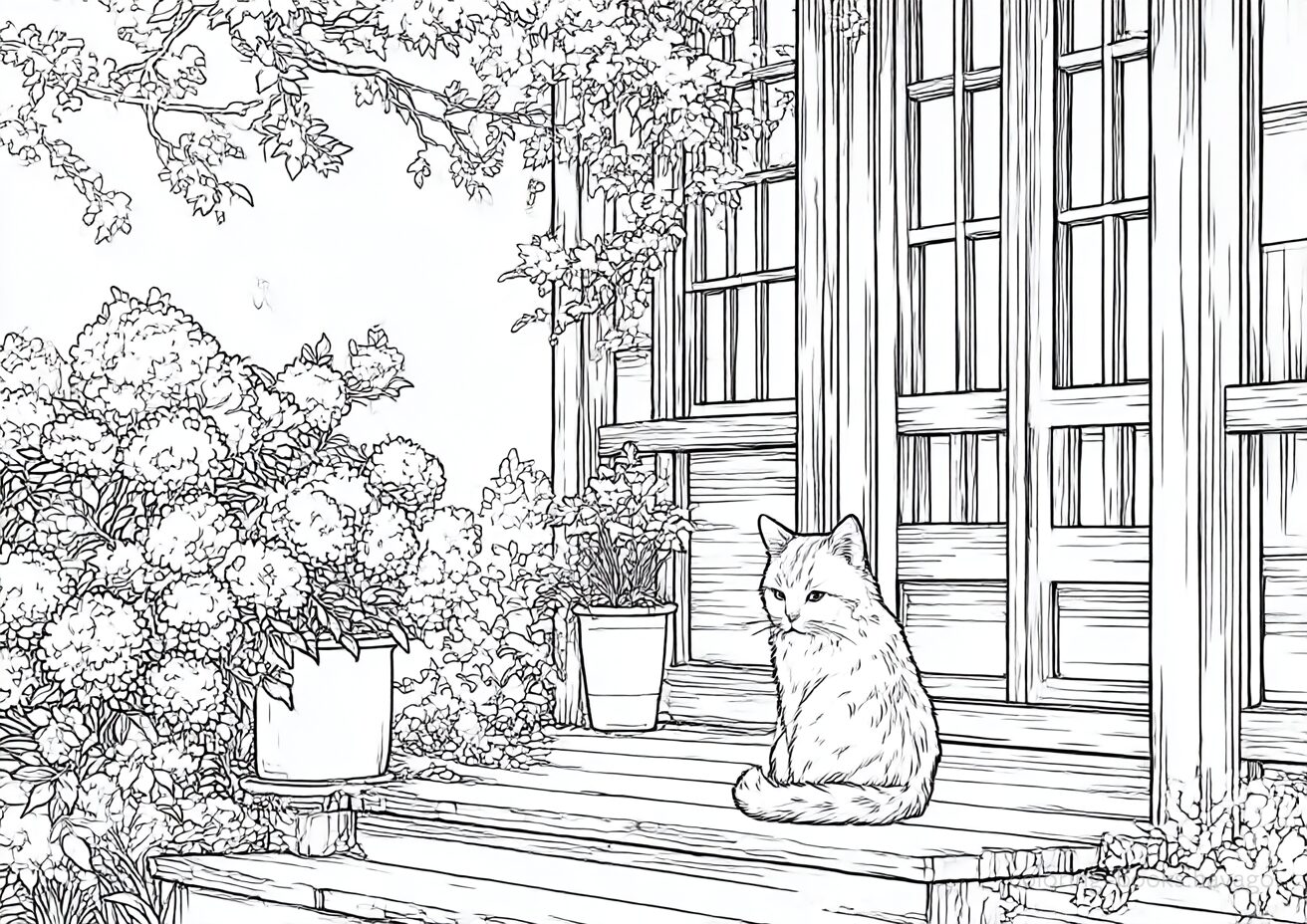 紫陽花の咲く庭の塗り絵 | ハバゴ