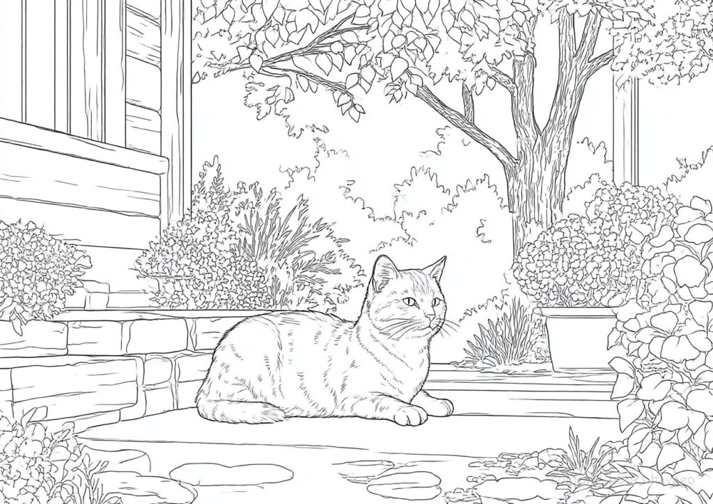 お庭で日向ぼっこをする猫の塗り絵です。| ハバゴ