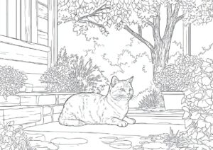 お庭で日向ぼっこをする猫の塗り絵です。| ハバゴ
