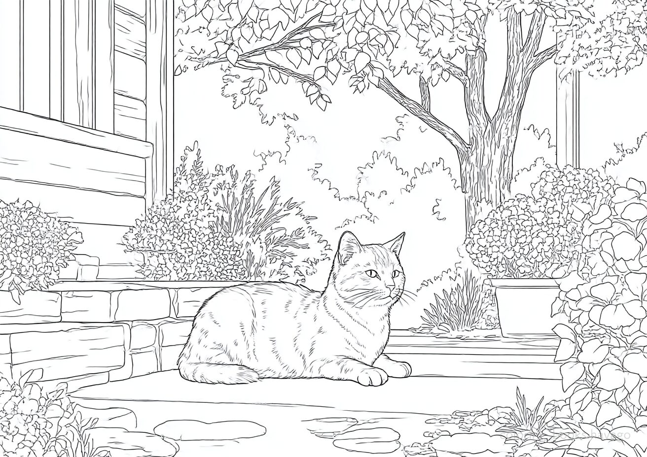 お庭で日向ぼっこをする猫の塗り絵です。| ハバゴ