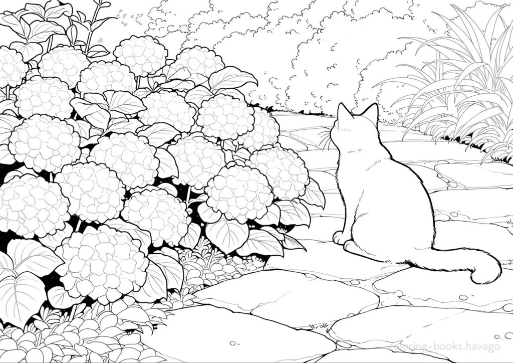紫陽花が咲く猫の散歩道の塗り絵です。 | ハバゴ