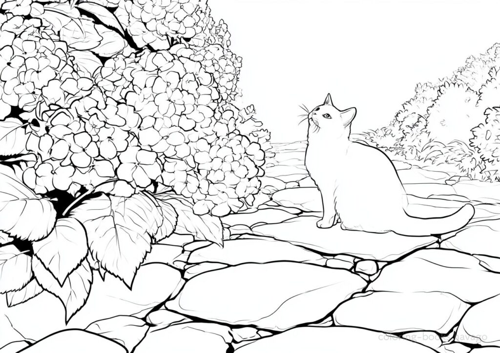 紫陽花を見つめる猫の塗り絵です。 | ハバゴ