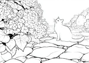 紫陽花を見つめる猫の塗り絵です。 | ハバゴ