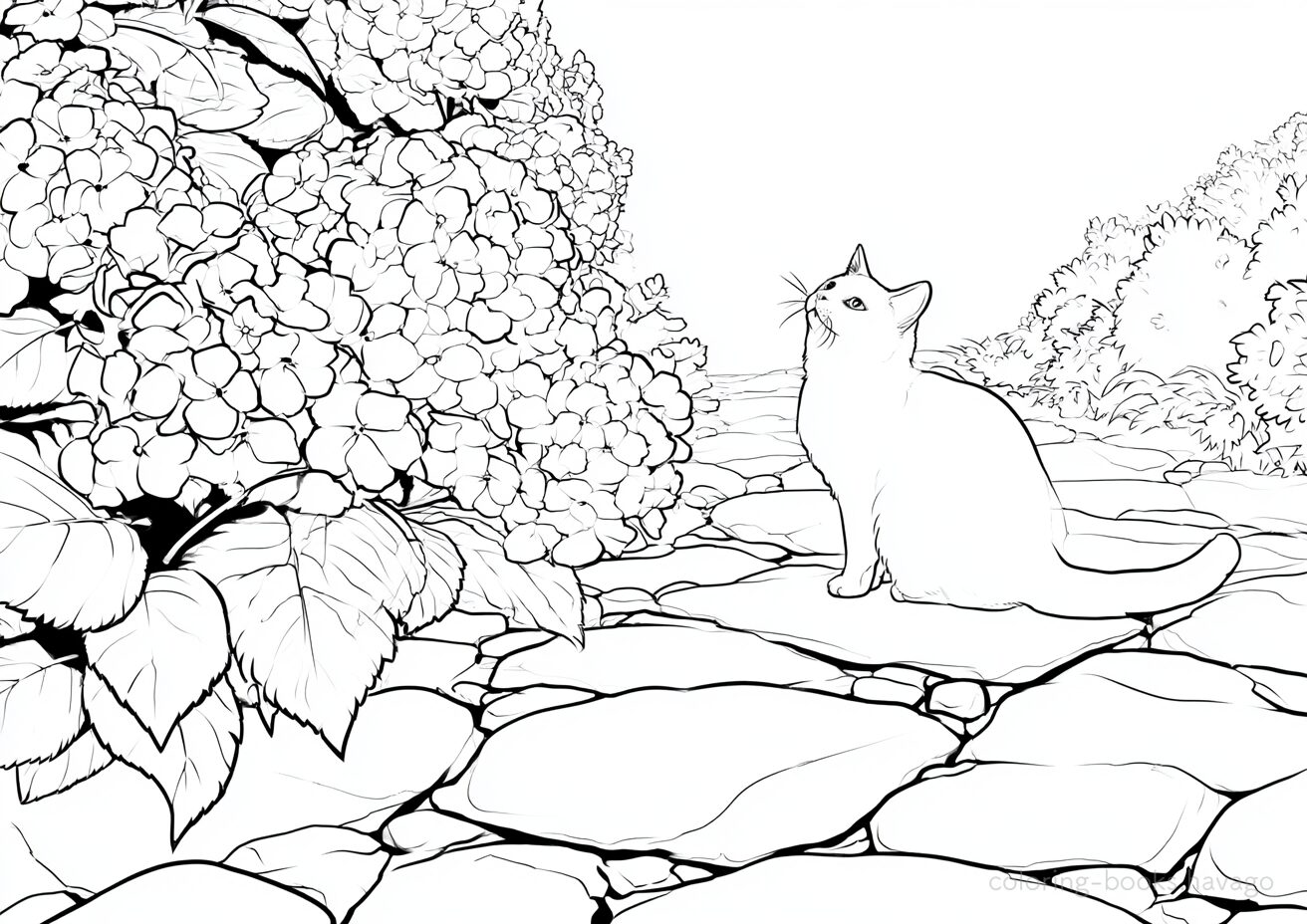 紫陽花を見つめる猫の塗り絵です。 | ハバゴ